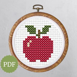 Crimson Red Apple Cross Stitch Pattern, Easy Vintage Fruit Embroidery, Rustic Kitchen Wall Art, Retro Needlepoint, Modern Farmhouse Decor