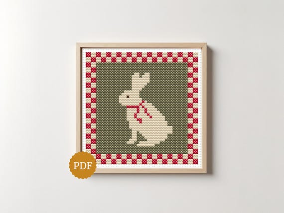 Country Rabbit Cross Stitch Pattern, Minimal Design for Grannycore Decor, Cottage Kitchen Wall Decor, Retro Gingham Embroidery for Farmhouse