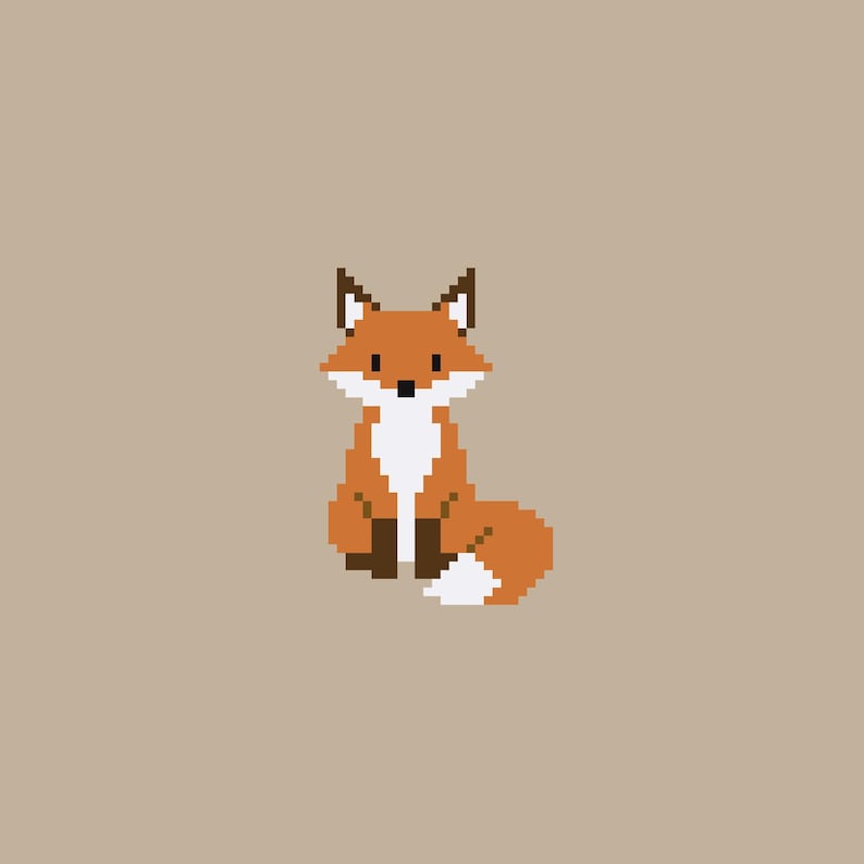 K&ouml;nnte beinhalten: Eine Pixel-Art-Illustration eines sitzenden Fuchses. Der Fuchs hat orangefarbenes Fell, eine wei&szlig;e Brust, einen wei&szlig; gefleckten Schwanz und dunkelbraune Pfoten. Die Ohren sind spitz mit wei&szlig;en Innendetails und das Gesicht hat zwei kleine schwarze Augen.