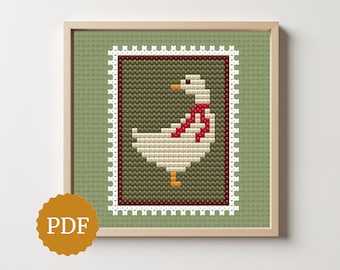 Schema per punto croce con francobollo d'oca, stile francobollo postale vintage, mini decorazione in stile fattoria di campagna