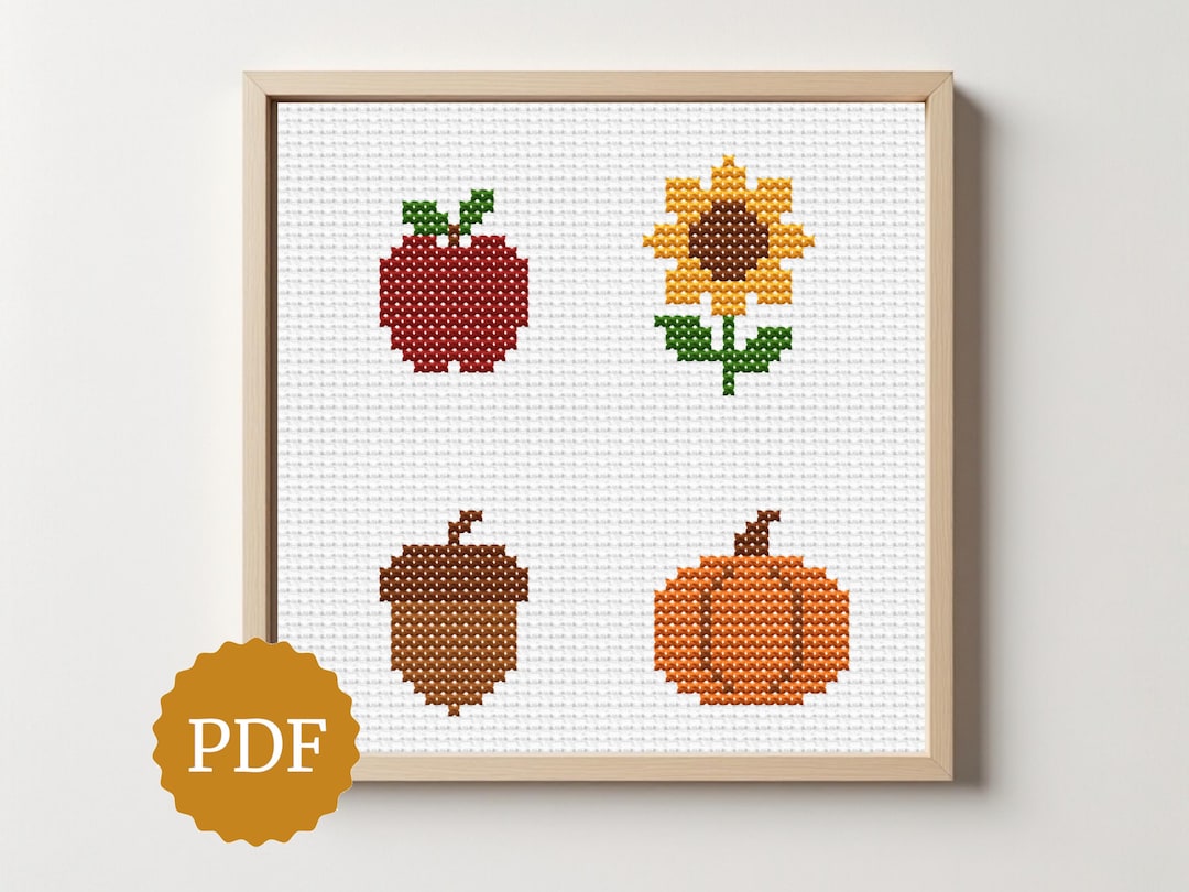 Fall Mini Cross Stitch Pattern Set - Apple, Sunflower, Acorn & Pumpkin ...