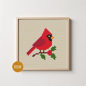 Red Bird Cross Stitch Pattern, Mini Xmas Cardinal PDF, Winter Bird Embroidery, Instant Download