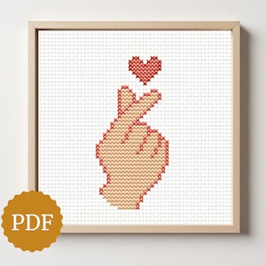 Korean Finger Heart Cross Stitch Pattern, Cute K-Pop Inspired Embroidery PDF, Modern Minimalist Hand Gesture Chart, Easy Love Sign