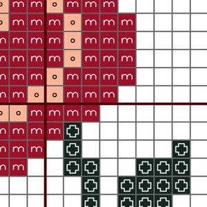 May include: A cross stitch pattern featuring a red heart with a black and white design. The pattern is on a white grid background.