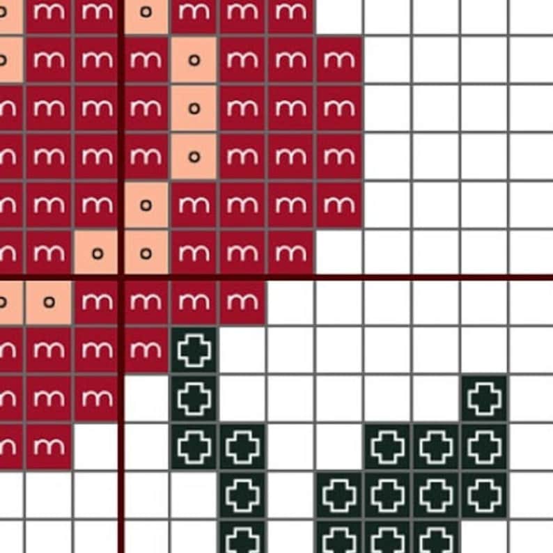 May include: A cross stitch pattern featuring a red heart with a black and white design. The pattern is on a white grid background.