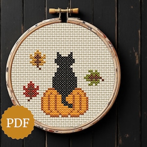 Autumn Cat & Falling Leaves, Cross Stitch Pattern, Black Cat Sitting on a Pumpkin, Easy for Beginners, Minimal Wall Decor, Hoop Art for Fall
