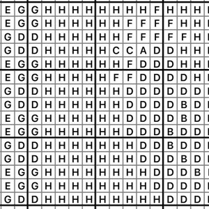 May include: A grid-based pattern with a cross-stitch design. The pattern is composed of various letters and symbols, including E, G, D, H, F, C, A, and B, arranged in a repeating block format. The colors are black and white.