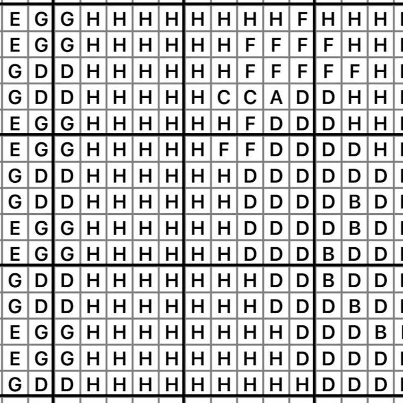 May include: A grid-based pattern with a cross-stitch design. The pattern is composed of various letters and symbols, including E, G, D, H, F, C, A, and B, arranged in a repeating block format. The colors are black and white.