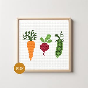 Plantaardig kruissteekpatroon, borduursel wortel radijs erwt, tuinoogstmotief, mini-etensdecor
