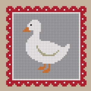 May include: A cross-stitch design featuring a white goose with an orange beak and feet, set against a gray background. The design is framed by a red border with white accents, creating a charming, rustic aesthetic.