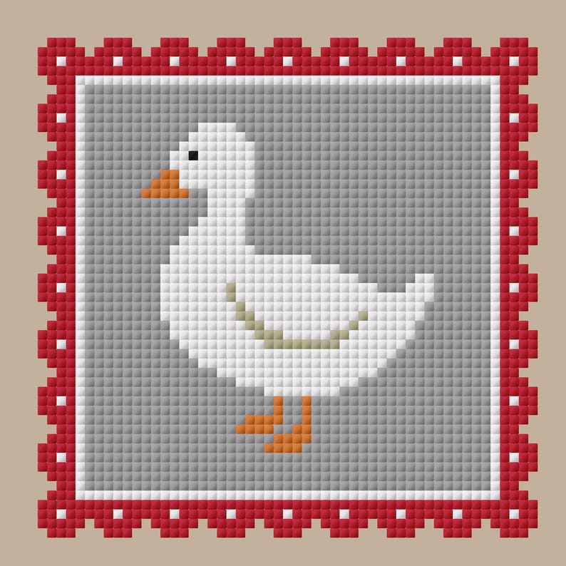 May include: A cross-stitch design featuring a white goose with an orange beak and feet, set against a gray background. The design is framed by a red border with white accents, creating a charming, rustic aesthetic.