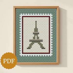 Patrón de punto de cruz de sello postal de París, bordado en miniatura de la Torre Eiffel, regalo vintage francés, mini paisaje, gráfico sencillo y fácil.