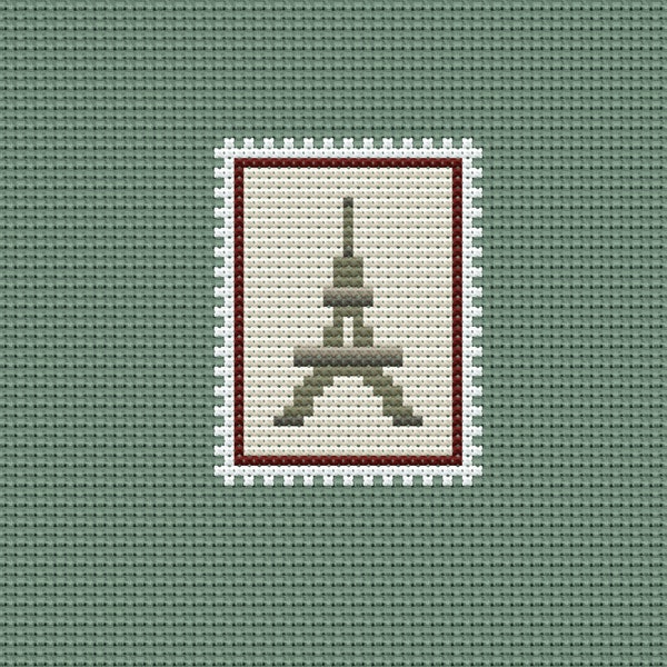 Paris Postage Stamp Cross Stitch Pattern, Miniature Eiffel Tower Embroidery, Vintage Style France Gift, Mini Landscape, Simple Easy Chart