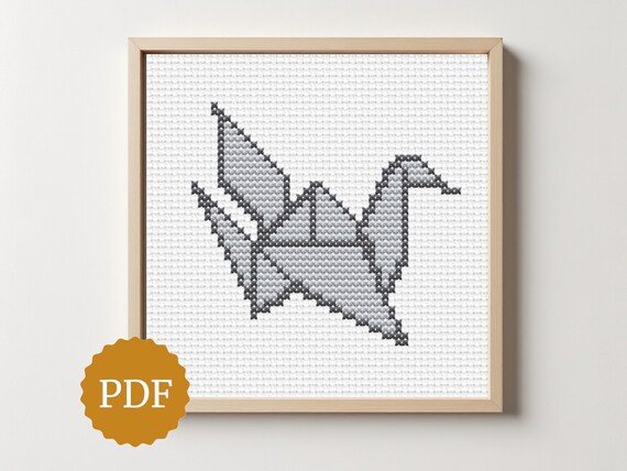 Origami Crane Cross Stitch Pattern, Minimal Geometric Bird Embroidery PDF, Neutral Wall Decor