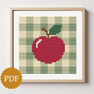 Apple on Gingham Cross Stitch Pattern, Cute Grannycore Fruit Embroidery PDF for Vintage Farmhouse Decor, Rustic Country Kitchen Wall Art