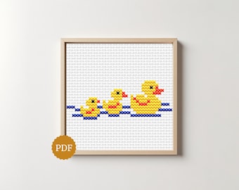 Cute Rubber Ducks Cross Stitch Pattern, Simple X Stitching, Tiny Motif, Easy for Beginners, DIY Decorations, Minimal Design for Needlepoint