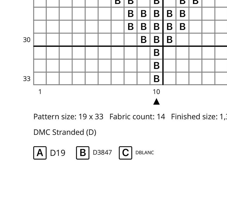 May include: A cross stitch pattern chart with a grid of 19 by 33 squares. The chart shows a design with a single color, labeled "B", in the right side of the grid. The chart includes the text "Pattern size: 19 x 33", "Fabric count: 14", "Finished size: 1,3", "DMC Stranded (D)", "A D19", "B D3847", and "C DBLANC".