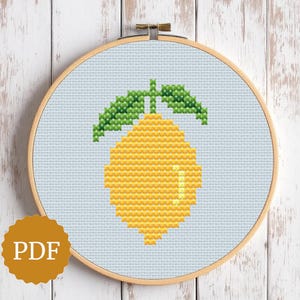 Lemon Cross Stitch Pattern, Easy for Beginners, Citrus Fruit Embroidery Chart, Small Summer Hoop Art, Retro Kitchen Decor, Housewarming Gift
