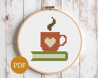 Patrón de punto de cruz de café y libro, bordado fácil para amantes de la lectura, punto de taza cálida para principiantes