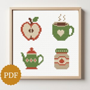 Cosy Kitchen Cross Stitch Pattern Set – Apple Coffee Mug Teapot Jam Jar – Hygge Embroidery