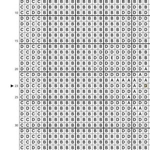 May include: A cross-stitch pattern grid with a repeating pattern of letters and symbols. The grid is composed of squares with various letters and symbols in different colors, including black, blue, and white. The pattern is symmetrical.