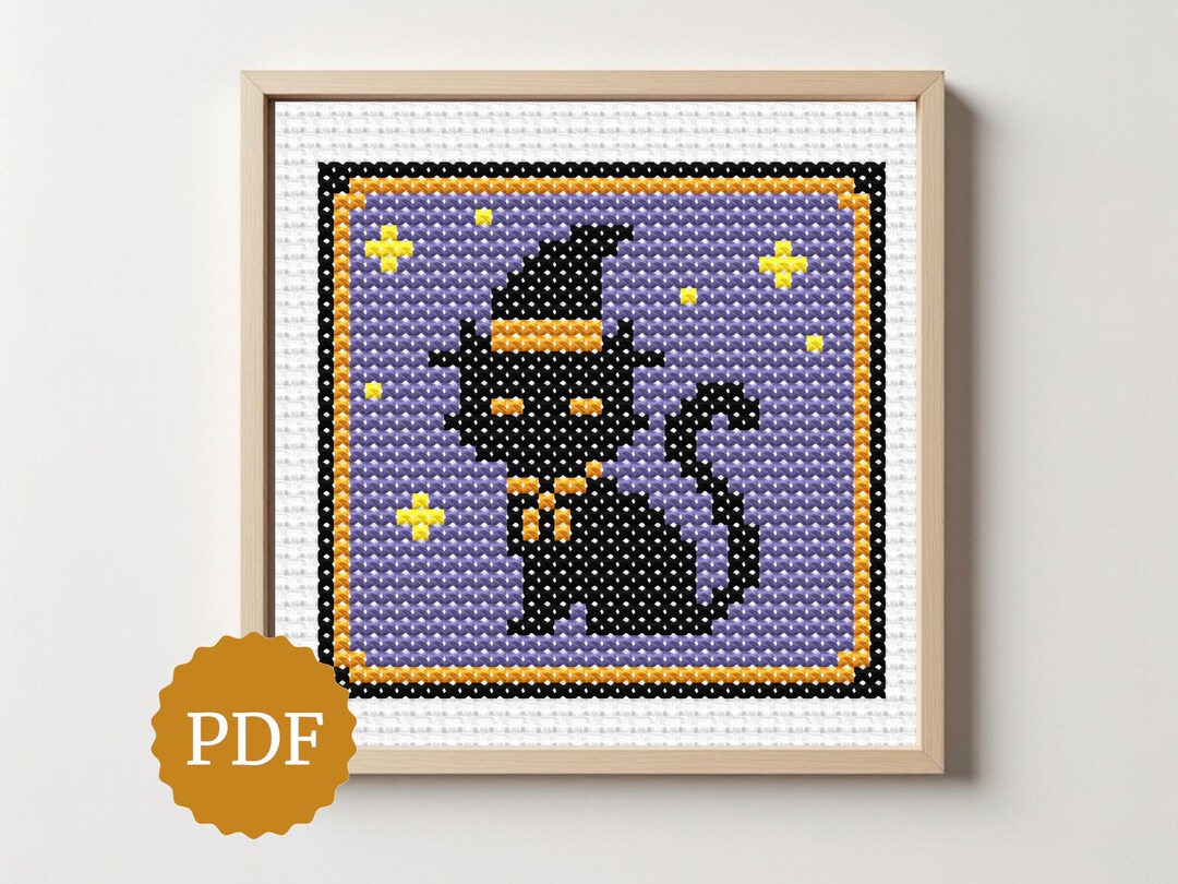 Halloween Black Cat Cross Stitch Pattern, Kitten With Witch Hat & Bow ...