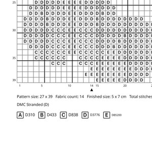 K&ouml;nnte beinhalten: Ein Kreuzstichmuster-Diagramm mit einem Gitter, in dem die Buchstaben D, E, B und C bestimmte Farben darstellen. Die Legende listet DMC-Fadencodes auf: A D310, B D433, C D838, D D3776 und E DB5200. Mustergr&ouml;&szlig;e 27 mal 39, Endgr&ouml;&szlig;e 5 mal 7 cm.