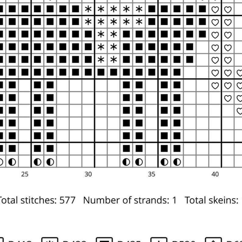 May include: A cross-stitch pattern chart with a grid of squares. The design includes black squares, asterisks, and heart shapes. The text at the bottom reads "Total stitches: 577 Number of strands: 1 Total skeins:"