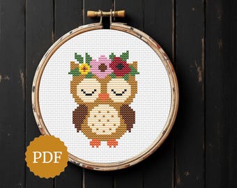 Owl Cross Stitch Pattern, Woodland Baby Animal, Boho Nursery Hoop Art
