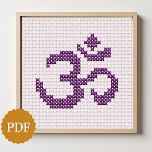 Patrón Ohm, punto de cruz para principiantes, decoración minimalista para sala de yoga, bordado a mano fácil, símbolo Om violeta, regalo espiritual para una amiga yogini.