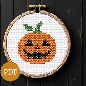 Può includere: Un motivo a punto croce di una zucca sorridente in un telaio da ricamo. La zucca è arancione con una faccia nera e uno stelo verde. Il logo PDF si trova nell'angolo in basso a sinistra.