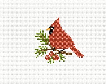 カーディナルのクロスステッチ図案、冬の鳥の刺繍（PDF）、森の