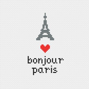 Może przedstawiać: Wz&oacute;r haftu krzyżykowego z szarą Wieżą Eiffla, czerwonym sercem i czarnymi słowami "bonjour paris". Projekt znajduje się na białym tle, oferując prostą, uroczą estetykę.