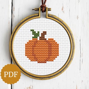 May include: Cross-stitch pumpkin design in an embroidery hoop. The pumpkin is orange with a green and brown stem. The hoop is gold-colored, and the background is white. A PDF icon is in the lower left corner.