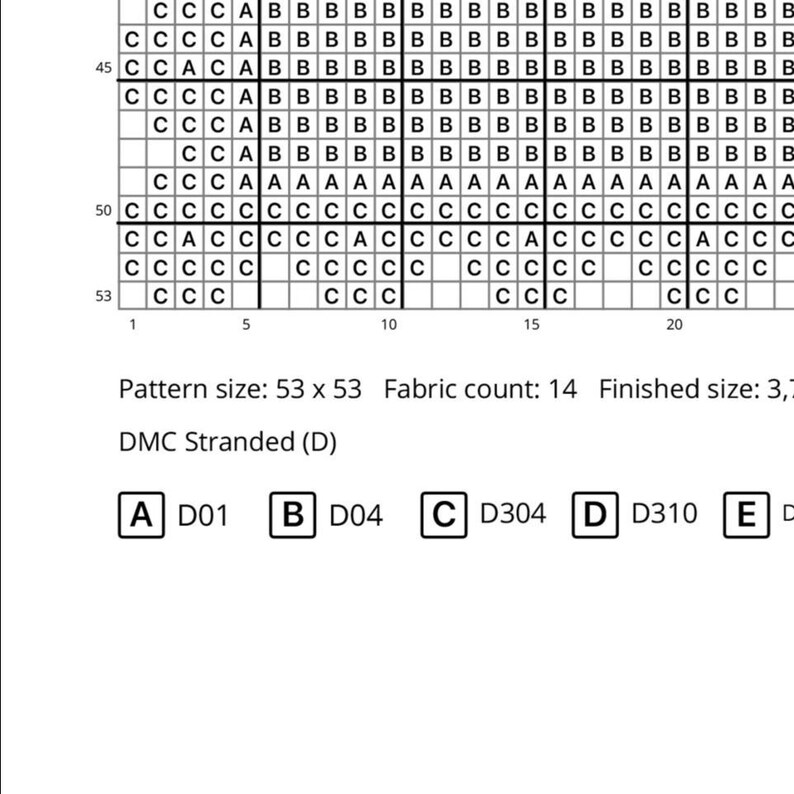 May include: A cross-stitch pattern chart with a grid of letters and numbers. The chart includes color codes and DMC stranded cotton thread information. The pattern size is 53 x 53.