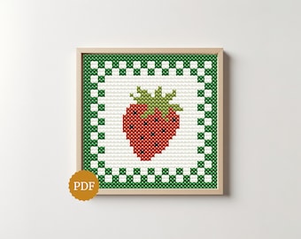 Retro Strawberry Cross Stitch Pattern, Vintage Gingham Frame Embroidery, Cottagecore PDF Chart, Easy Rustic Fruit Stitch, Instant Download