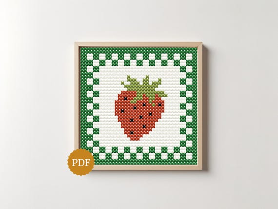 Retro Strawberry Cross Stitch Pattern, Vintage Gingham Frame