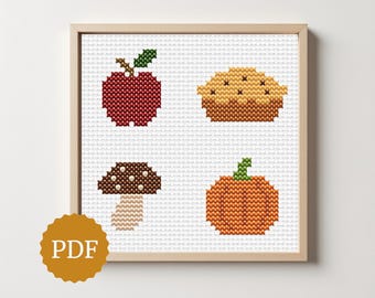 Cozy Fall Stitch Sampler, Cross Stitch Pattern Set - Apple, Pumpkin, Pie & Mushroom, Easy Seasonal Embroidery for Beginners, Autumn Decor
