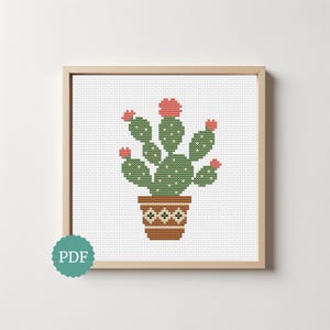 May include: A cross-stitch pattern of a green cactus with small white dots and pink flowers, planted in a brown patterned pot. The design is displayed within a light wood frame, and a teal circular icon with the white text PDF is visible.