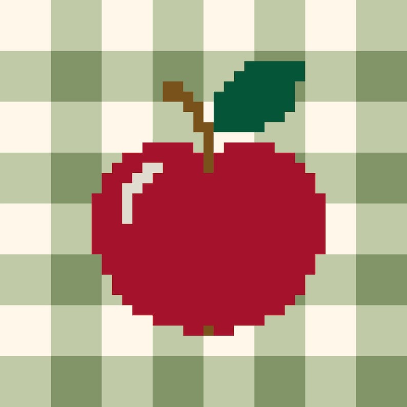 May include: A pixel art illustration of a red apple with a brown stem and a single dark green leaf. The apple features a small white highlight on its left side. The background consists of a light green and white checkered gingham pattern.