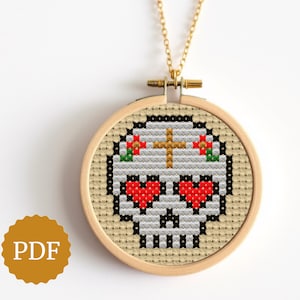 Sugar Skull Cross Stitch Pattern, Halloween Diy Gifts, Easy for Beginners, Pixel Art for Fuse Bead, Mexican Style Embroidery Hoop Decor