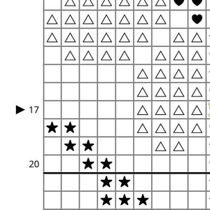 May include: Black and white cross stitch pattern with black stars and hearts and gold triangles. The pattern is on a white grid with black lines.