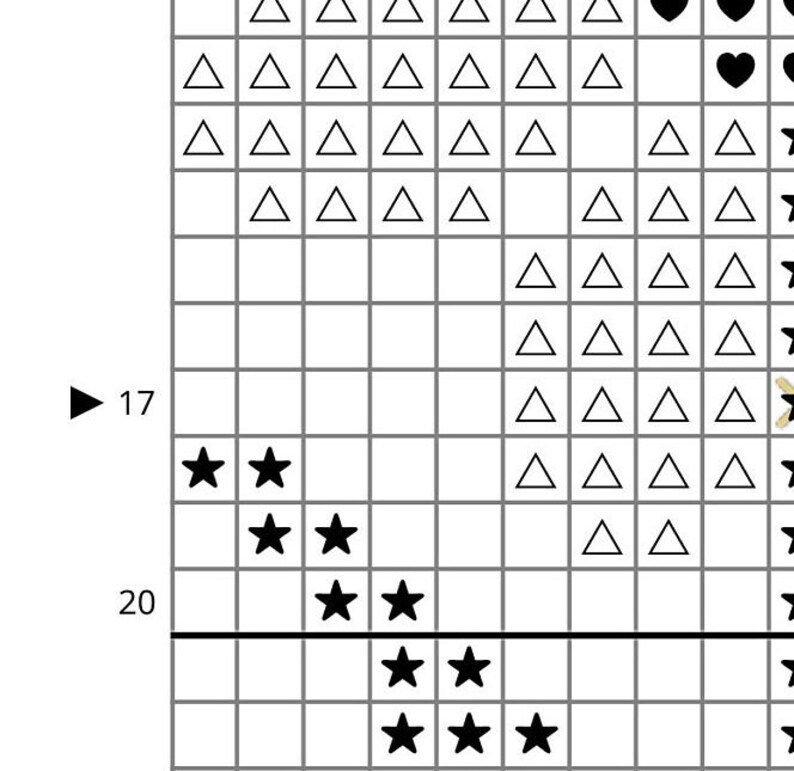 May include: Black and white cross stitch pattern with black stars and hearts and gold triangles. The pattern is on a white grid with black lines.