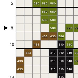 Op de afbeelding: Een close-up van een rasterpatroon met vierkanten in verschillende kleuren en getallen. De kleuren zijn groentinten, bruin en zwart. De getallen zijn 310, 433 en 580.