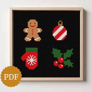 May include: A framed cross-stitch pattern featuring Christmas icons. The design includes a gingerbread man, a red and white striped ornament, a red mitten with a snowflake, and holly with red berries. The background is black.