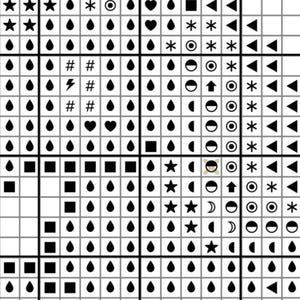 Puede incluir: Un patr&oacute;n de punto de cruz que muestra una cuadr&iacute;cula de s&iacute;mbolos negros sobre un fondo blanco. Los s&iacute;mbolos incluyen estrellas, gotas, corazones, cuadrados, tri&aacute;ngulos, c&iacute;rculos, asteriscos, almohadillas, rayos y lunas crecientes en un dise&ntilde;o.
