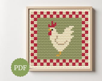 Chicken, Cross Stitch Pattern, Christmas Hen, Simple Stitching, Easy for Beginners, Minimal Design for Needlepoint, Retro Kitchen Decoration