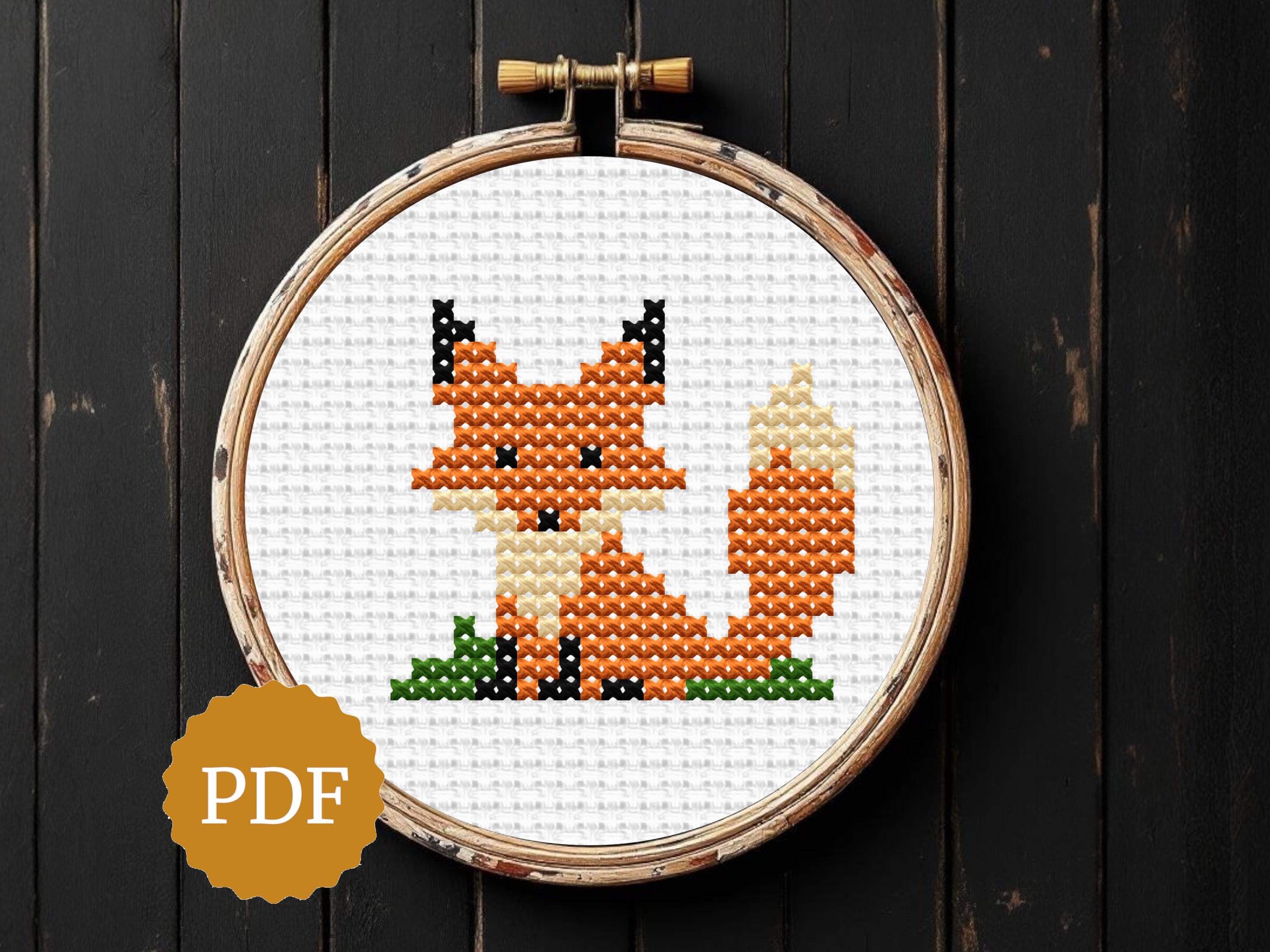 かわいいキツネのクロスステッチ図案、小動物の刺繍PDF、森の子供部屋