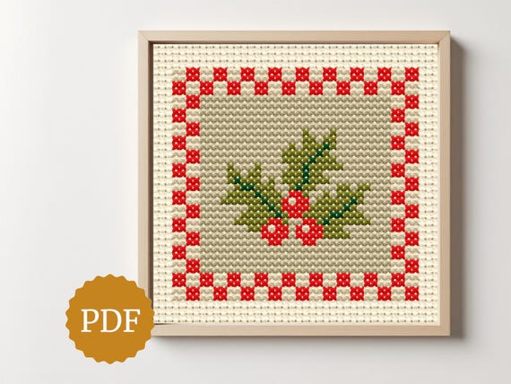 Stechpalme Busch, einfacher Kreuzstich, einfaches Muster fr Anfnger,  rustikales Design fr Nadelspitze, Cottagecore-Dekor fr Weihnachten,  handgemachte Geschenke - Etsy sterreich