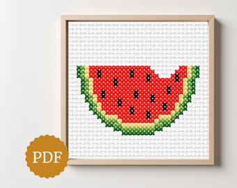 Patrón de sandía para punto de cruz, fácil para principiantes, Karpouzi, regalo de verano para una amiga griega, gráfico de frutas Xstitch, bordado sencillo